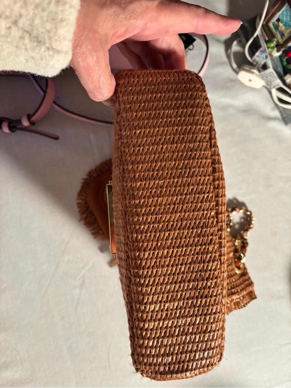 Woven Tan Crossbody Bag with Gold Chain Strap